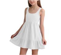 XINYUNZU Robe sans Manches pour Fille, Robe d'Été Style Débardeur avec Volant Bas, Summer Dress Girls Robes Col Rond sans Manches pour Enfant Blanc 12-13 Ans