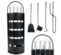 XINZI Serviteur de cheminée 5 pièces noir moderne avec balai, pelle, tisonnier, pince et support en acier inoxydable - Kit de nettoyage de cheminée pour le nettoyage des cheminées, poêles, foyers