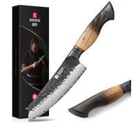 XINZUO 14,5cm Couteau Santoku Acier Damas Noyau en Acier 10Cr15CoMoV -Couteau de Cuisine Forgé à la Main Lames Tranchantes -pour Viande, Poisson, Légumes -Poignée en Chêne Blanc