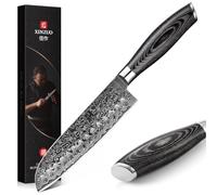 XINZUO 17.8cm Couteau Santoku de Cuisine -67 Couches Acier Damas Couteau de Chef Professionnel Forgé-Convient pour Couper la Viande, le Poisson, les Légumes et les Fruits -Poignée en Bois de Pakka