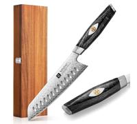 XINZUO 18,7cm Couteau Santoku en Acier Damas 145 Couches -Forgé à la Main Tranchant Couteau de Chef de Cuisine Acier en Poudre M390 Autrichien -Poignée en Résine de Fibre de Carbone Noire
