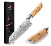 XINZUO Acier Damas 18.2cm Couteau Santoku,Tranchants Couteaux de Cuisine Acier en Poudre de Damas 73 Couches Couteau à Légumes Couteau de Chef-Poignée Ergonomique en Bois d'Olivier-Série Lan