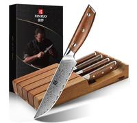 XINZUO Acier Damas 5 Pièces Set Couteaux à Steak -Premium Couteaux de Table -Poignée en Bois de Rose -avec Bois d'Acacia Tiroir de Porte -Tranchants Lame Droite -Forgé à la Main Couteau de Cuisine