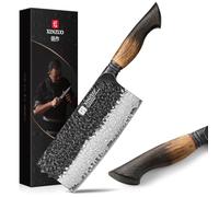 XINZUO Acier Damas Couperet de Cuisine 18,5cm Couteau du Chef Chinois -Professionnel Finition Martelée Couteau de Boucher Multifonctions -Poignée Ergonomique en Chêne Blanc -avec Boîte Cadeau