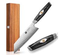 XINZUO Acier en Poudre M390 Autrichien 18,7cm Couteau de Chef Kiritsuke | Couteau de Cuisine Acier Damas 145 Couches -Poignée en Résine de Fibre de Carbone Noire -Boîte Cadeau en Bois d'Acacia