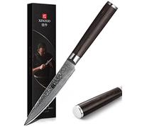 XINZUO Couteau Tout Usage de Cuisine 12,3cm Acier Damas Couteau Universel | Professionnel 67 Couches Acier Damas Couteaux à Fruits Finition Martelée avec Poignée en Bois de Pakka -Série He