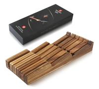 XINZUO Porte-Couteaux pour Tiroirs en Bois d'Acacia 43,6x18,4x5,3cm | Bloc de Couteaux de Cuisine -Bloc Universel Tiroir pour 4 Couteau Longs+6 Courts+1 Aiguiseur Acier -avec Boîte Cadeau