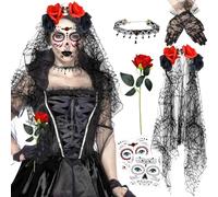 Xionghonglong Costume d'Halloween pour femme, serre-tête Dia De Los Muertos, voile d'Halloween, serre-tête d'Halloween, rose artificielle, gants en dentelle noir, tatouages du visage d'Halloween