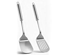 Xiqiggi 2 Pièces Spatule Inox Cuisine, Ustensiles Cuisine Inox Robustes, Spatule Solide Résistante Chaleur, Pelle Servir Ajourée Argent, Passe au Lave-Vaisselle, Facile à Nettoyer