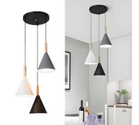 XIRYTU-H Lampe à Suspension à 3 Lumières, Luminaire en Métal et Bois E27 3-en-1 pour Chambre à Coucher, Salon et Salle à Manger(3-lumières, Rondes)