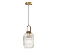 XIRYTU-H Suspension Moderne en Verre Transparent à Rayures, Lampe Suspendue à Hauteur Réglable avec Finition Laiton, Plafonnier E27 pour Cuisine, Chambre et Salle à Manger (14cm)