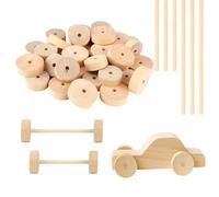 Xishoyen Lot de 40 roues en bois non finies de 2,8 cm et 3,5 cm avec bâtonnets en bois, mini disque en bois avec trou pour bricolage, artisanat, peinture, bricolage, modèles de voitures