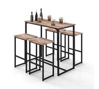 Xisilla Meuble Bar multifonctionnelle, Table Bar Cuisine avec Effet Grain de Bois, Ensemble Table et 4 Chaises, Table Haute Bar au Design Moderne