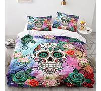 Xisnuient Gothique Squelette Ensemble de Literie 2/3 Pièces Sexy Skeleton Beauty Rose Death Skull Halloween Bats Comfort Polyester Sleep Housse de Couette et Taie d'oreiller (Couleur 3,200x200 cm)