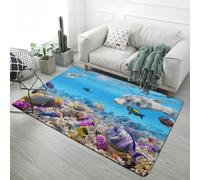 Xisnuient Monde sous-Marin Tapis de Chambre d'enfant Dauphin Bleu Récif Corallien Banc de Poissons Moderne Tapis en Flanelle Antidérapant, Idéal pour Salon, Chambre À Coucher (Color 6,80x160 cm)