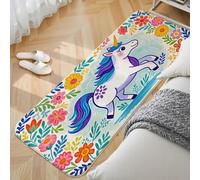Xisnuient Tapis Doux Fausse Cachemire, Motif Licorne Fleurs Rose Violet Bleu, Moelleux Tapis de Sol Chambre Fille, Coussin de Lit Antidérapant, Décoration de Chambre Enfant (Color 2,80x160 cm)