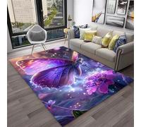 Xisnuient Tapis en Flanelle Fleurs Papillons 3D Décoratif Moderne Living Room Carpet Bleu Violet, Chambre De Fille Coussin De Jeu Doux, Tapis Antidérapant pour Salon, Game Zone (Color 2,80x160 cm)
