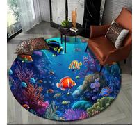 Xisnuient Tapis Rond Océan Dauphin Monde sous Marin Poisson Flanelle Poils Courts Antidérapant Absorbant Salon Chambre Adolescent Teenager Salle de Bain Couloir Déco Maison (Couleur 5,90cm)