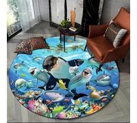 Xisnuient Tapis Rond Océan Dauphin Monde sous Marin Poisson Flanelle Poils Courts Antidérapant Absorbant Salon Chambre Adolescent Teenager Salle de Bain Couloir Déco Maison (Couleur 2,130cm)