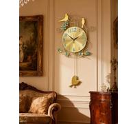XIUCAI Grande Horloge Murale avec Pendule Oiseau et Motif Floral, Silencieuse sans Tic-Tac Alimentée par Piles, Installation Facile, pour Décor de Salon ou Bureau,E