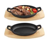 XIUsheUA Assiette à steak en fer Lot de 2 mini poêles en fonte avec base bois, noir mat, petite poêle