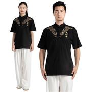 XIUsheUA Kung Fu Chemise Seulement T-Shirt Arts Martiaux vêtements à Manches Courtes Uniforme Classique Tai Chi vêtements Hommes Petit Haut Femmes pour Tai Chi, Arts Martiaux(Black,S)