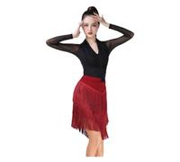 XIUsheUA Robe de Danse Latine Robe à Franges et Pompons for Danse Latine, Costume de scène for Femme Adulte, Haut en résille Transparente, Tenue compétition(Black Mesh Top,S)