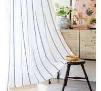 XIUWOUG Drapé de fenêtre Boho en Lin et Coton,1panneau,Rideau brodés Bleus détaillés avec Pompons,Panneaux de Blocage Semi-légers à Passe-Tringle pour la Maison,Bleu,140W×240cmL1P