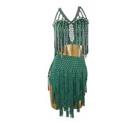 XIUWOUG Enfants Filles Robe Danse Latine Femme Robe Strass Bretelles Robes de Frange en Couches FêTe de Bal Cha Cha Jazz Ballet Danse 1920 Performance Costume,Dark Green,XL