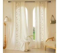 XIUWOUG Lot de 2 Rideaux à Fleurs brodés Style bohème Vintage en Lin-avec Pompons-Semi-occultants-Panneaux de Rideaux de fenêtre avec Passe-Tringle-pour Chambre à Coucher,Salon,C,140cm×160cmL2Ps