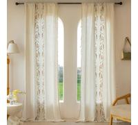 XIUWOUG Lot de 2 Rideaux à Fleurs brodés Style bohème Vintage en Lin-avec Pompons-Semi-occultants-Panneaux de Rideaux de fenêtre avec Passe-Tringle-pour Chambre à Coucher,Salon,L,140cm×240cmL2Ps