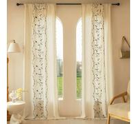 XIUWOUG Lot de 2 Rideaux à Fleurs brodés Style bohème Vintage en Lin-avec Pompons-Semi-occultants-Panneaux de Rideaux de fenêtre avec Passe-Tringle-pour Chambre à Coucher,Salon,H,140cm×45cmL2Ps