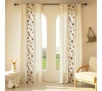 XIUWOUG Lot de 2 Rideaux à Fleurs brodés Style bohème Vintage en Lin-avec Pompons-Semi-occultants-Panneaux de Rideaux de fenêtre avec Passe-Tringle-pour Chambre à Coucher,Salon,G,140cm×90cmL2Ps