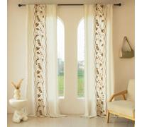 XIUWOUG Lot de 2 Rideaux à Fleurs brodés Style bohème Vintage en Lin-avec Pompons-Semi-occultants-Panneaux de Rideaux de fenêtre avec Passe-Tringle-pour Chambre à Coucher,Salon,E,140cm×220cmL2Ps