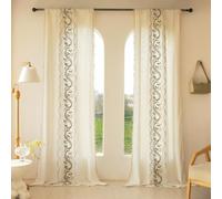 XIUWOUG Lot de 2 Rideaux à Fleurs brodés Style bohème Vintage en Lin-avec Pompons-Semi-occultants-Panneaux de Rideaux de fenêtre avec Passe-Tringle-pour Chambre à Coucher,Salon,A,140cm×200cmL2Ps