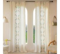 XIUWOUG Lot de 2 Rideaux à Fleurs brodés Style bohème Vintage en Lin-avec Pompons-Semi-occultants-Panneaux de Rideaux de fenêtre avec Passe-Tringle-pour Chambre à Coucher,Salon,M,140cm×220cmL2Ps