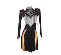 XIUWOUG Professionnelle Robe De Danse Latine pour Femme Jupe Compétition Performance Salsa Samba Rumba Cha Cha Vêtements De Danse avec Franges,Noir,L