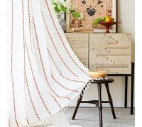 XIUWOUG Rideaux bohème brodés Orange à 1panneau,Rideau en Lin et Coton Doux avec Pompons,Passe-Tringle,Design Semi-occultant pour Les espaces intérieurs,Orange,132W×274cmL1P