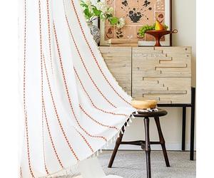 XIUWOUG Rideaux bohème brodés Orange à 1panneau,Rideau en Lin et Coton Doux avec Pompons,Passe-Tringle,Design Semi-occultant pour Les espaces intérieurs,Orange,132W×274cmL1P
