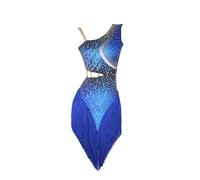 XIUWOUG Robe Danse Latine Bretelles Robe Une pièce pour Femmes pour l'entraînement, Les Spectacles et Les Compétitions, avec Ourlet asymétrique Robe de Salsa Samba Rumba Chacha,Bleu,S
