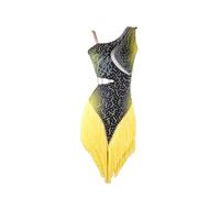 XIUWOUG Robe Danse Latine Bretelles Robe Une pièce pour Femmes pour l'entraînement, Les Spectacles et Les Compétitions, avec Ourlet asymétrique Robe de Salsa Samba Rumba Chacha,Jaune,XL