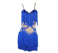 XIUWOUG Robe de Danse Latine pour Femme, Vêtements de Danse Latine À Franges Costume de Salsa pour Salle de Bal Samba Rumba Cha Cha pour Enfants Jupe,Bleu,S