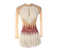 XIUWOUG Robe Patinage Artistique Fille Tenue Justaucorps à Franges en Strass for Filles, Blanc Vin Rouge Manches Longues, Collant Gymnastique Danse cha-cha Tango Latine,White Red,L