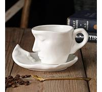 XIUWOUG Tasse et Soucoupe Cappuccino Latte,Tasses à café Expresso,9 oz Tasses de café en céramique pour Visage créatif,Tasses de thé et soucoupes Amusantes, Set, Micro-Ondes et Lave-Vaisselle,Blanc