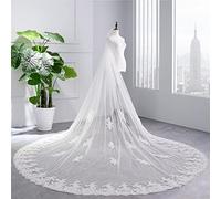 XIUWOUG Voile de mariage cathédrale à double couche de tulle avec application de dentelle Voile de mariée à 2 niveaux Voile long en tulle avec peigne pour les femmes et les mariées,Blanc