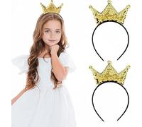 Xiuyong Lot de 2 bandeaux à paillettes avec couronne de princesse dorée brillante - Accessoires de coiffure mignons - Accessoires de coiffure à paillettes - Décoration élastique - Costume