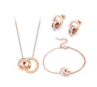XIWCAFC Bijoux Ensemble de bijoux Parures Femme Romains Cercle collier en18K Plaqué Or Rose Collier Boucles d'oreilles Zircon Acier Inoxydable Bracelet réglable avec charme Soirée Cadeau (Or rose)