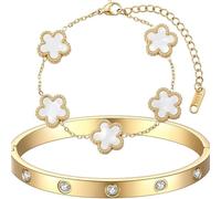 XIWCAFC Bracelet Trèfle à Quatre Femme Plaqué Or 18 Carats Ensemble de Bracelets Bijoux de Femme Or 2 Bracelets Acier Inoxydable en Cristal Bracelet Trèfle Porte Bonheur Fleur Bijoux Cadeaux (Blanc)