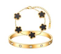 XIWCAFC Bracelet Trèfle à Quatre Femme Plaqué Or 18 Carats Ensemble de Bracelets Bijoux de Femme Or 2 Bracelets Acier Inoxydable en Cristal Bracelet Trèfle Porte Bonheur Fleur Bijoux Cadeaux (Noir)