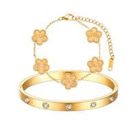 XIWCAFC Bracelet Trèfle à Quatre Femme Plaqué Or 18 Carats Ensemble de Bracelets Bijoux de Femme Or 2 Bracelets Acier Inoxydable en Cristal Bracelet Trèfle Porte Bonheur Fleur Bijoux Cadeaux (Or)